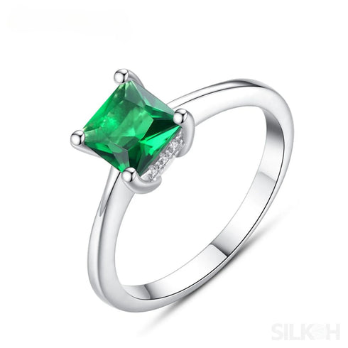 Emerald Princess Cut Sterling Silver Ring Aurora - Jewelry